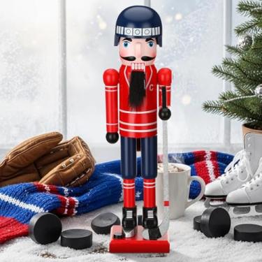 Imagem de Fiwochic Boneco Quebra-Nozes de Natal, Jogador de Hóquei no Gelo, Quebra-Nozes, 35,5 cm, Azul e Vermelho, Placa de Mesa Esportiva Lembrança para Entusiasta de Esportes de Inverno Festivo Decoração de