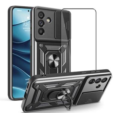 Imagem de CNPUTAO Capa para Xiaomi Redmi 15 5G com protetor de tela de vidro temperado, janela deslizante para câmera, suporte, capa de telefone de camada dupla antiarranhões à prova de choque, preta