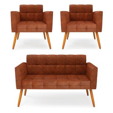 Imagem de Kit 1 Sofá Namoradeira e 2 Poltronas Elisa Corano Pés Palito Castanho - D'Rossi