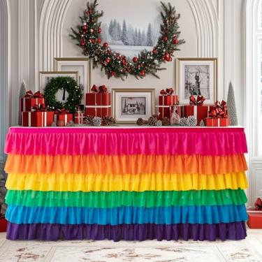 Imagem de Pufogu BrightRainbow Saia de mesa de tule 4,3 m Tutu Ruffled Chiffon Toalha de mesa para casamento retangular chá de bebê meninas festa de aniversário e bolo sobremesa decorações de mesa