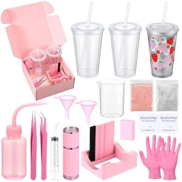Imagem de Baderke 20 peças de copo de globo de neve, kit faça você mesmo, frasco de 473 ml, purpurina, pinça de funil, copo de silicone, suporte para copo medidor, luva para iniciantes (rosa, fofa)