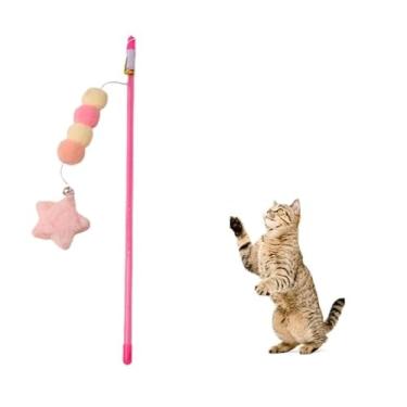 Imagem de Enyolidimk Brinquedo de vara de gato rosa, corda elástica, bola de pelúcia, pingente de estrela, resistente a mordidas e confortável, alivia o tédio, varinha provocadora de gatinho feita à mão