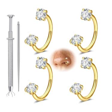Imagem de Longita Anel de nariz de ferradura de ouro 20 g para mulheres anel de nariz de sapato de cavalo de pedra dupla argola 8 mm aço cirúrgico cartilagem ouro hélice tragus argola labret piercing labial