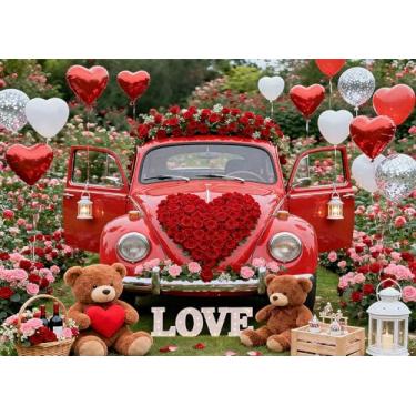 Imagem de DePhoto Fundo de balões coloridos de carro clássico vermelho rosa vermelha para Dia dos Namorados, aniversário dos namorados, chá de bebê, decoração de festa de vinil