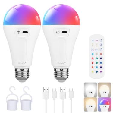 Imagem de Pacote com 2 lâmpadas recarregáveis de 5200 mAh com controle remoto E26 para lâmpadas e arandelas, lâmpadas de emergência sem fio reguláveis com gancho, 3 temperaturas de cor e 12 mudanças de cor RGB
