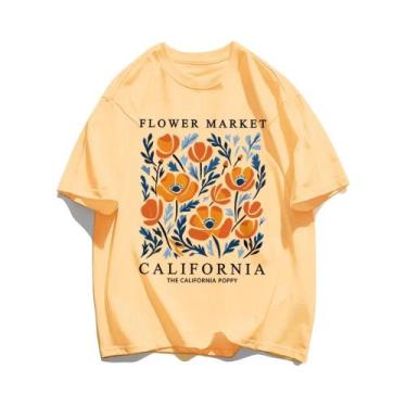 Imagem de Camiseta Feminina Casual de Algodão - Estampa Floral Amarela - Manga C