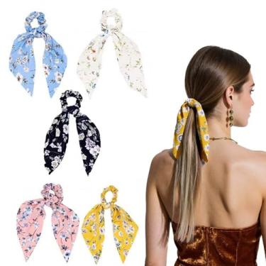 Imagem de Laço com nó fitas longas laços de cabelo elásticos cachecol floral elástico faixas de cabelo elásticos prendedores de rabo de cavalo para meninas mulheres, preto, branco, rosa azul, 5 peças