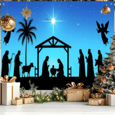 Imagem de HOMETITUTE Banner de presépio 2,4 x 1,8 m Pano de fundo de Natal Manjedoura Noite Santa com Bebê Jesus Três Reis Magos Anjos Pastor Fundo Religioso para Igreja Decoração de Festa de Natal