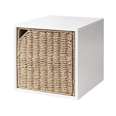 Imagem de Organizador de armazenamento ALES Cube com portas, armazenamento de cubo de porta de palha de papel feito à mão, estante de livros pequena costeira com portas, capa de prateleira boho, decoração