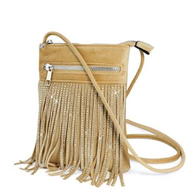 Imagem de HOXIS Bolsa tiracolo de veludo com borla com glitter, bolsa feminina brilhante para noite, Bronzeado, Small