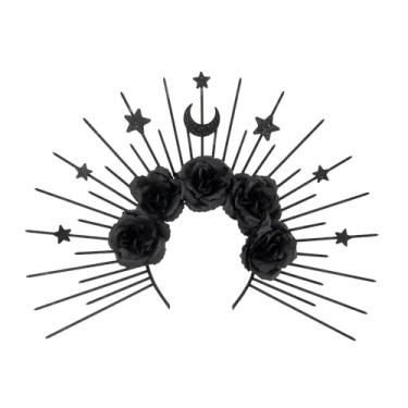 Imagem de ZHUIGUANGZE Tiara com coroa de halo da deusa rosa preta, Dia dos Mortos Mexicano, flor gótica, sol, lua, explosão de sol, acessórios de cabelo para mulheres, Halloween, cosplay, festa de maquiagem