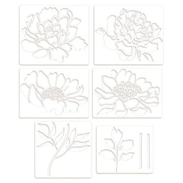 Imagem de 6 peças de estênceis de flores grandes para pintar paredes, modelos de estêncil florais reutilizáveis com padrão de peônia para cerca de jardim, tecidos de móveis de madeira