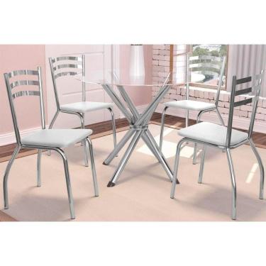 Imagem de Sala De Jantar Volga Com Tampo De Vidro 95cm E 4 Cadeiras Portugal Cromada Branco