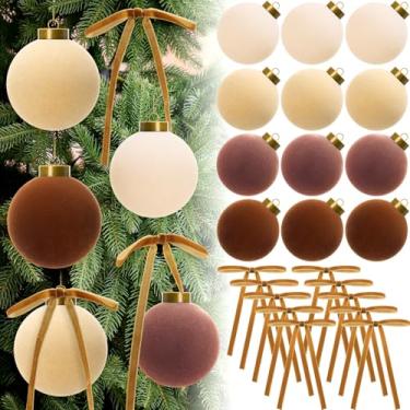 Imagem de Liliful Conjunto de 24 bolas de Natal de veludo de 8,5 cm com laço de guirlanda, enfeites de Natal flocados, 24 laços de fita de veludo, enfeites de árvore de Natal para decoração de árvore de Natal