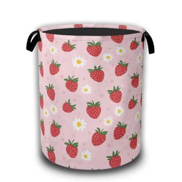 Imagem de Cesto de lavanderia, cestos de roupa suja dobráveis florais de morango, tecido Oxford à prova d'água com alças, organizador de brinquedos para banheiro/berçário/quarto, 40,6 x 52,8 cm