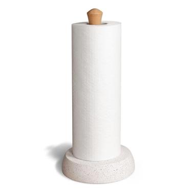 Imagem de Suporte de toalha de papel, suporte de toalha de papel de madeira de faia independente com base de mármore com tira antiderrapante ponderada, suporte vertical de rolo de toalha de papel de madeira