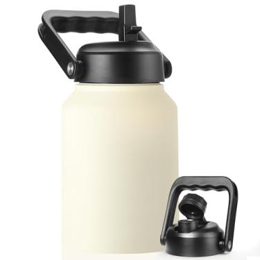 Imagem de EALGRO Garrafa de água isolada de meio galão com canudo, garrafa de água esportiva grande de aço inoxidável de 1,8 l com alça, caneca de copo de água térmica com 2 tampas, creme