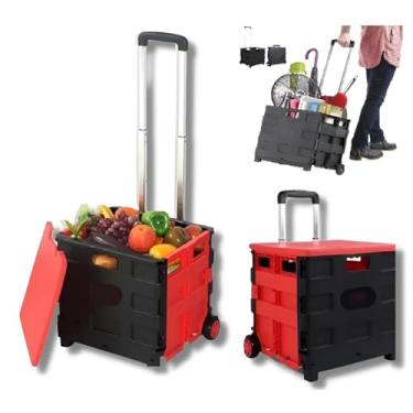 Imagem de Carrinho De Compras Dobrável Com Rodinhas Reforçado Portátil, Tampa Oculta, Alça Telescópica, Até 35Kg de Carga, 60 Litros, Para Viagens, Compras, Feiras, Mudanças, Ferramentas, Escritório