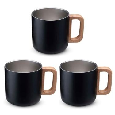Imagem de Kit Conjunto 3 Canecas Térmicas 400ml Cor Preta com Alça de Bambu – Parede Dupla em Aço Inox, Isolamento Térmico, Design Elegante, Para Bebidas Quentes e Frias