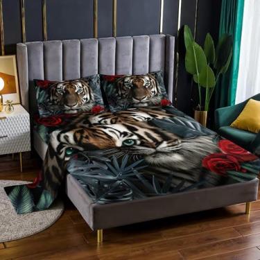 Imagem de Nttopship Jogo de cama solteiro de tigre, 4 peças, com bolsos profundos de 41 cm, estampa de animal selvagem, flor de rosa vermelha, 4 peças (1 lençol + 1 lençol + 2 fronhas)