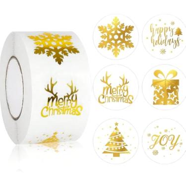 Imagem de Christmas Stickers Roll 1in Waterproof Self-Adhesive Decals Gold Snowflake Xmas Holiday Winter Gift Tags Stickers for Gift Envelopes Invitations Cards Decorations-500 PCS