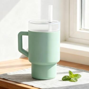 Imagem de Copo de silicone de 325 ml com alça, tampa rosqueada e canudo de silicone macio removível, garrafa de água reutilizável, presentes para meninos e meninas, verde + branco