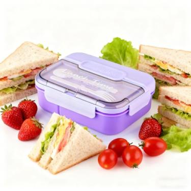 Imagem de Caixa Bento para adultos, recipientes de almoço modernos de 1450 ml com colher e garfo, suporte de refeição fácil de transportar com 3 compartimentos, livre de BPA, à prova de vazamento, perfeito para