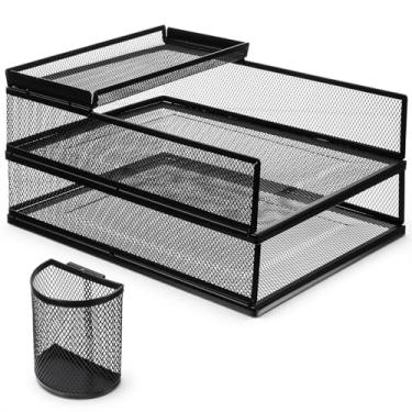 Imagem de Conjunto de bandeja de metal preto, 3 peças, bandeja organizadora de gaveta de mesa de escritório de malha de arame preto, suporte de papel de arquivo de carregamento frontal para mesa, escritório