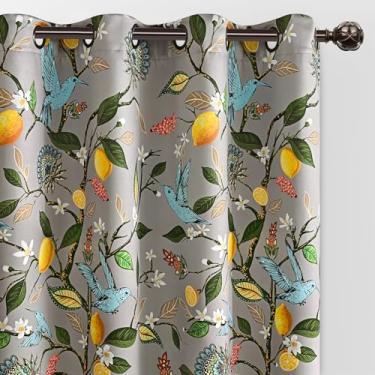 Imagem de FRAMICS Cortinas blackout 100% blackout para quarto, cortinas florais vintage para sala de estar 213 cm de comprimento, cortina cinza com padrão de luxo limão beija-flor cortinas com isolamento