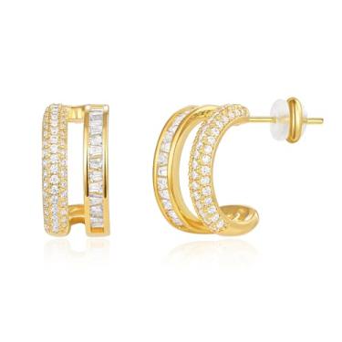 Imagem de KissYan Brincos de argola para mulheres, banhado a ouro branco 14K, fileira dupla, zircônia cúbica, leve, vazado, hipoalergênico, joias delicadas, presentes, Latão, Zircônia cúbica