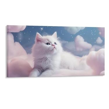 Imagem de HouLaiZhe Pôster de animal bonito gato branco rosa lona estética pôsteres decoração de quarto pintura de parede galeria decoração de parede para quarto sala de estar escritório 16 x 32 polegadas (40 x