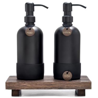 Imagem de Finisterra Black Hand and Dish Soap Dispenser Set with Tray - Boho Bathroom Soap and Lotion Dispenser Set with Tray & Kitchen Soap Dispenser Set with Tray Luxury Hand Soap and Lotion Dispenser Set
