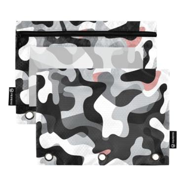 Imagem de Wassud Bolsa de lápis para fichário de 3 anéis, bolsa transparente com zíper liso, preto e branco, estojo de lápis camuflado para fichário, pacote com 2