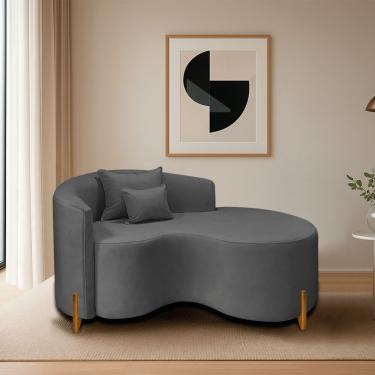 Imagem de Divã Recamier Curvo Sala De Estar Recepção Inglaterra 150cm Pés Madeira Lado Direito Linho Cor Cinza Escuro