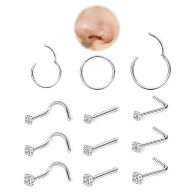 Imagem de Hoeudjo Kit de piercing de nariz de aço cirúrgico zircônia cúbica para mulheres e homens minúsculos parafusos de nariz e osso e anéis de narina em forma de L piercing joias 20-18 calibre 12 peças