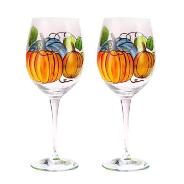 Imagem de Yuthsona 2 peças de taças de abóbora pintadas à mão outono Ação de Graças copo de vinho outono decoração de mesa outono copos de vinho com haste para presente perfeito de anfitriã de ação de graças