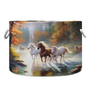 Imagem de Burbuja Cesta de armazenamento redonda para pintura de cavalos com alças de corda de algodão, cesta de lavanderia para cobertores, brinquedos, berçário, decoração de sala de estar