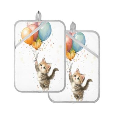 Imagem de Burbuja Gatinho fofo voando com balões suporte de panela com bolso, almofadas quentes resistentes ao calor, luvas de forno de enchimento de algodão para cozinha, cozimento, 2 unidades