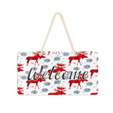 Imagem de Burbuja Placa de boas-vindas de floco de neve de alce para porta da frente, placa de boas-vindas de PVC para decoração de férias de varanda de fazenda, 15 x 28 cm