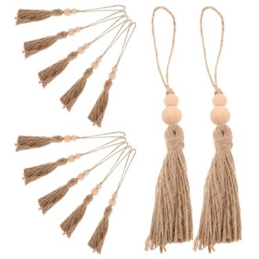 Imagem de KALLORY 12 borlas de contas de madeira: borlas de corda estilo juta natural com 2 contas de madeira para decoração de projeto de guirlanda de árvores de Natal e festas DIY