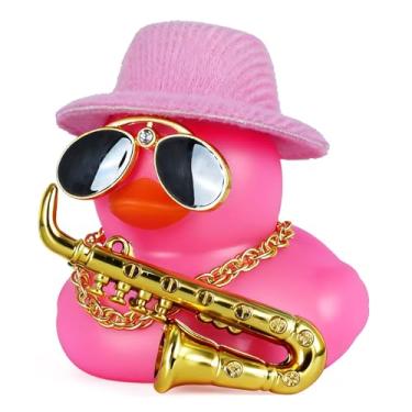 Imagem de Linda decoração de painel de pato de borracha com óculos de sol, colar de ouro, chapéu e saxofone, ornamento de carro de pato de borracha para mesa, festa (rosa)