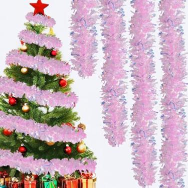 Imagem de 1 guirlanda de tinsel de Natal rosa, guirlanda metálica brilhante para árvore de Natal, Natal, casamento, casa, festa, decoração interna e externa