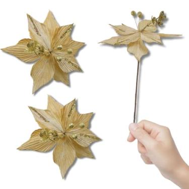 Imagem de 2 Flores, Artificiais Realistas | Decoração Natalina 43cm Douradas com Glitter | para Árvore de Natal, pinheiro, mesa, ceia de Natal, Enfeite de aniversário, casamento e Festas de Final de Ano