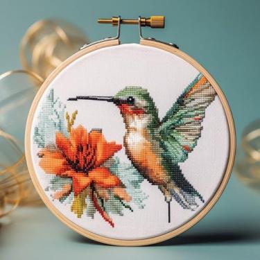 Imagem de Kit de bordado de beija-flor para iniciantes com flores, kits de bordado com estampa colorida, faça você mesmo, 11 quilates estampados, kit de bordado, suprimentos de argola de 30 cm incluída (et-52)