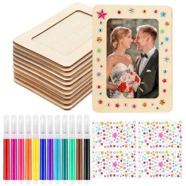 Imagem de Porta-retratos faça você mesmo, kits de artesanato para decorar fotos de 10 x 15 cm, moldura de madeira inacabada com 12 canetas coloridas e 4 folhas de adesivos de diamante de cristal para artesanato