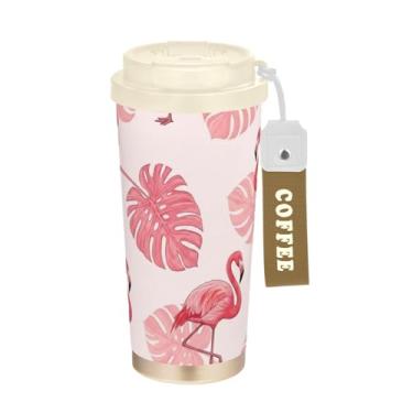 Imagem de Caneca de viagem de café 40 ml com canudo e tampa, copo de café de viagem de aço inoxidável à prova de vazamento para escritório, escola, festa, acampamento, folhas de flamingos rosa elegantes