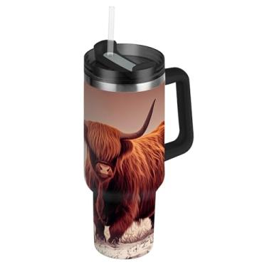 Imagem de Copos de aço inoxidável com tampas e canudos, copo de gado de vaca Highland para garrafa térmica quente e fria de 850 g com alça e garrafas de água isoladas