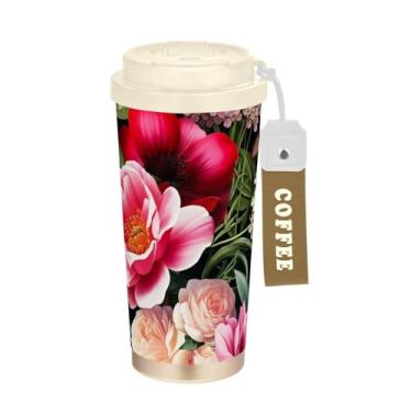 Imagem de Caneca de viagem de café 40 ml com revestimento cerâmico, copo de café de aço inoxidável com canudo e tampa, copo isolado a vácuo, flores vermelhas rosas florais ornamentadas