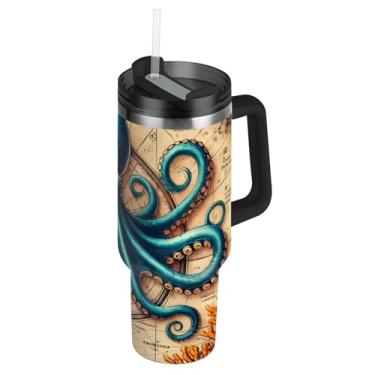 Imagem de Joisal Copo Steampunk com mapa antigo de polvo com tampas e canudos, garrafa de água de aço inoxidável isolada de 1,134 g copo com alça à prova de derramamento carros xícara de café bebida quente