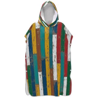 Imagem de Joisal Poncho de surfe para adultos trocador de roupas de banho de praia com capuz reutilizáveis ponchos femininos com capuz placa de madeira rústica colorida